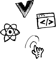 A doodle of software engineering related icons (ReactJs icon, VueJS icon, an icon depicting coding, a finger tap)