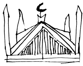 A pencil sketch of the Faisal Mosque in Islamabad