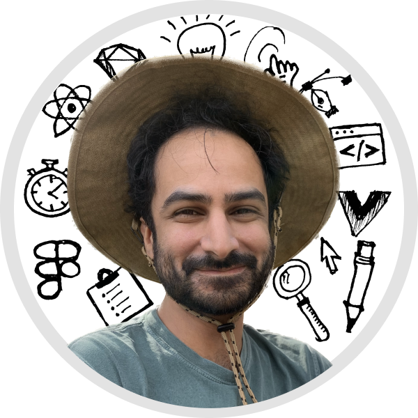 Talal Munzar's face surrouned by sketch doodles relevant to the UI/UX field.
