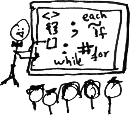 A doodle of a teacher teaching a computer programming classroom