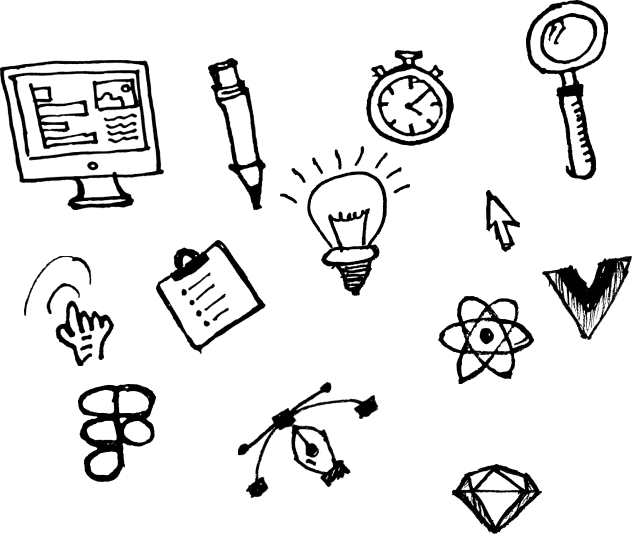 A sketched doodle representation of my research, design and development skills. It contains icons representing those skills.