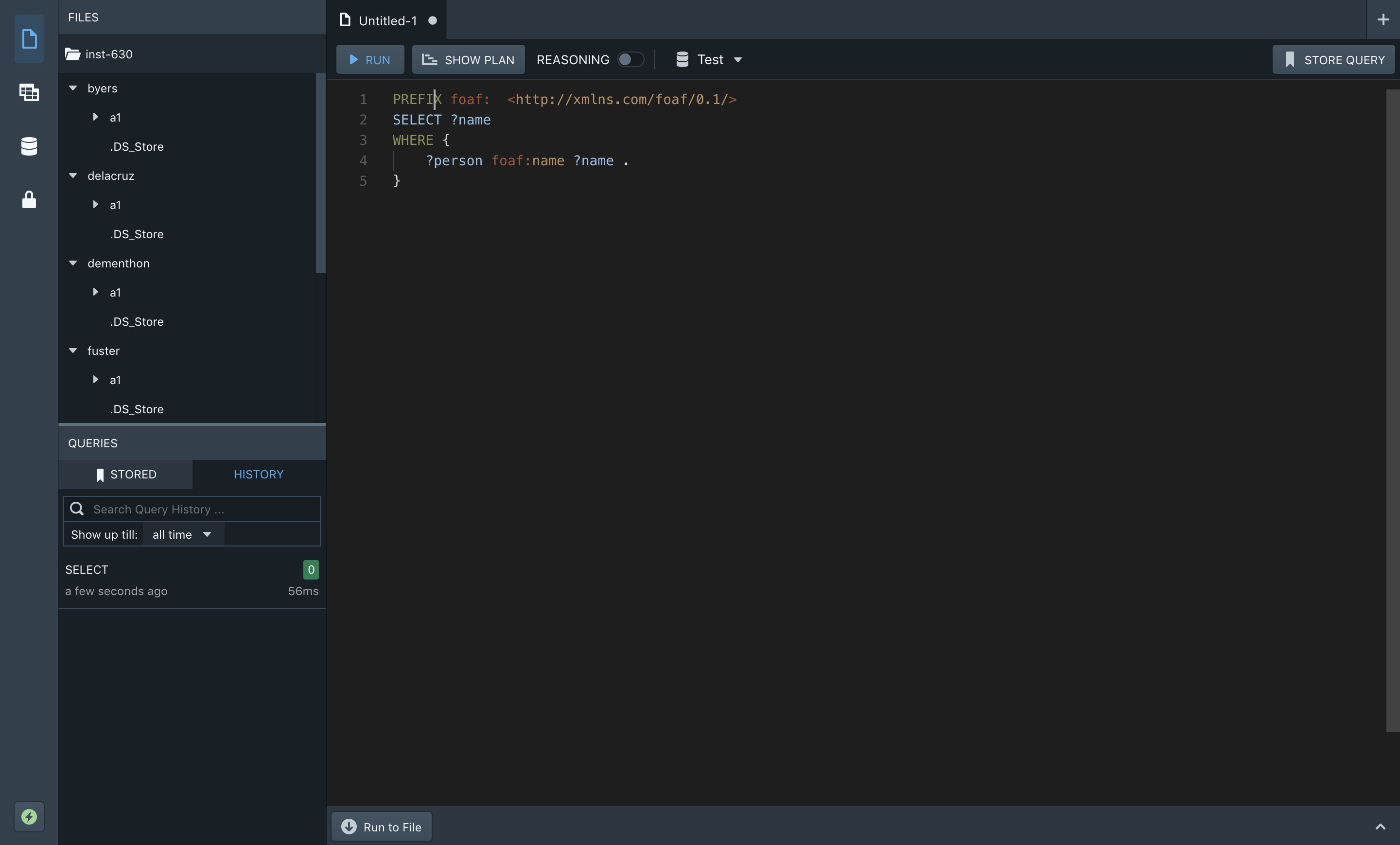 Screen of the workspace section of Stardog Studio, a Graph Database querying application.