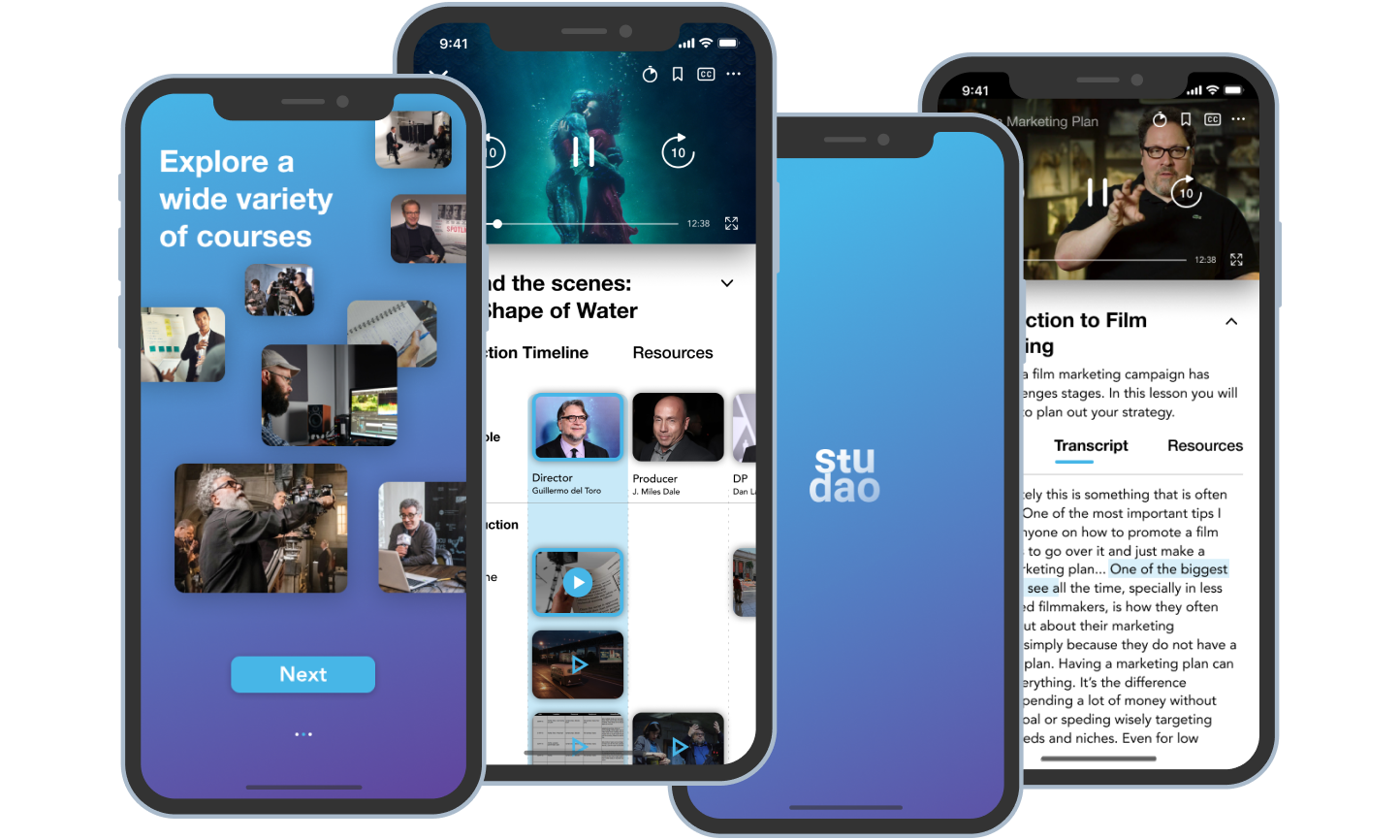 Mobile Screens for StuDAO, an online learning platform for Independent Filmmakers